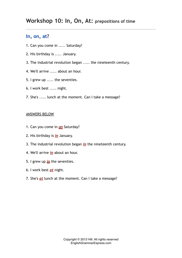 Preview of the In, On and At exercise