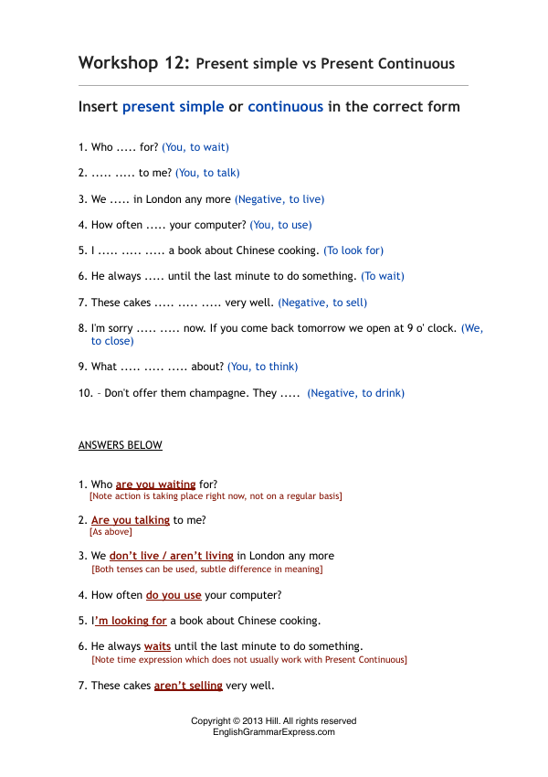 Preview of the Present Continuous exercise PDF