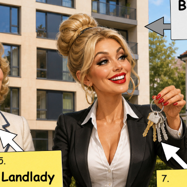 Illustrated vocabulary close-up of a landlady holding house keys