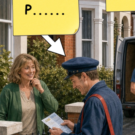Illustrated vocabulary scene of a postman delivering a letter
